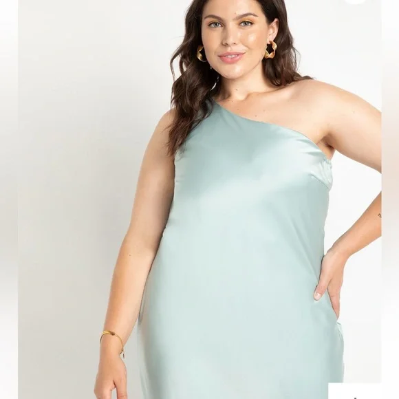NWT Eloquii sea glass green one shoulder satin midi dress, size 16 - Picture 2 of 4